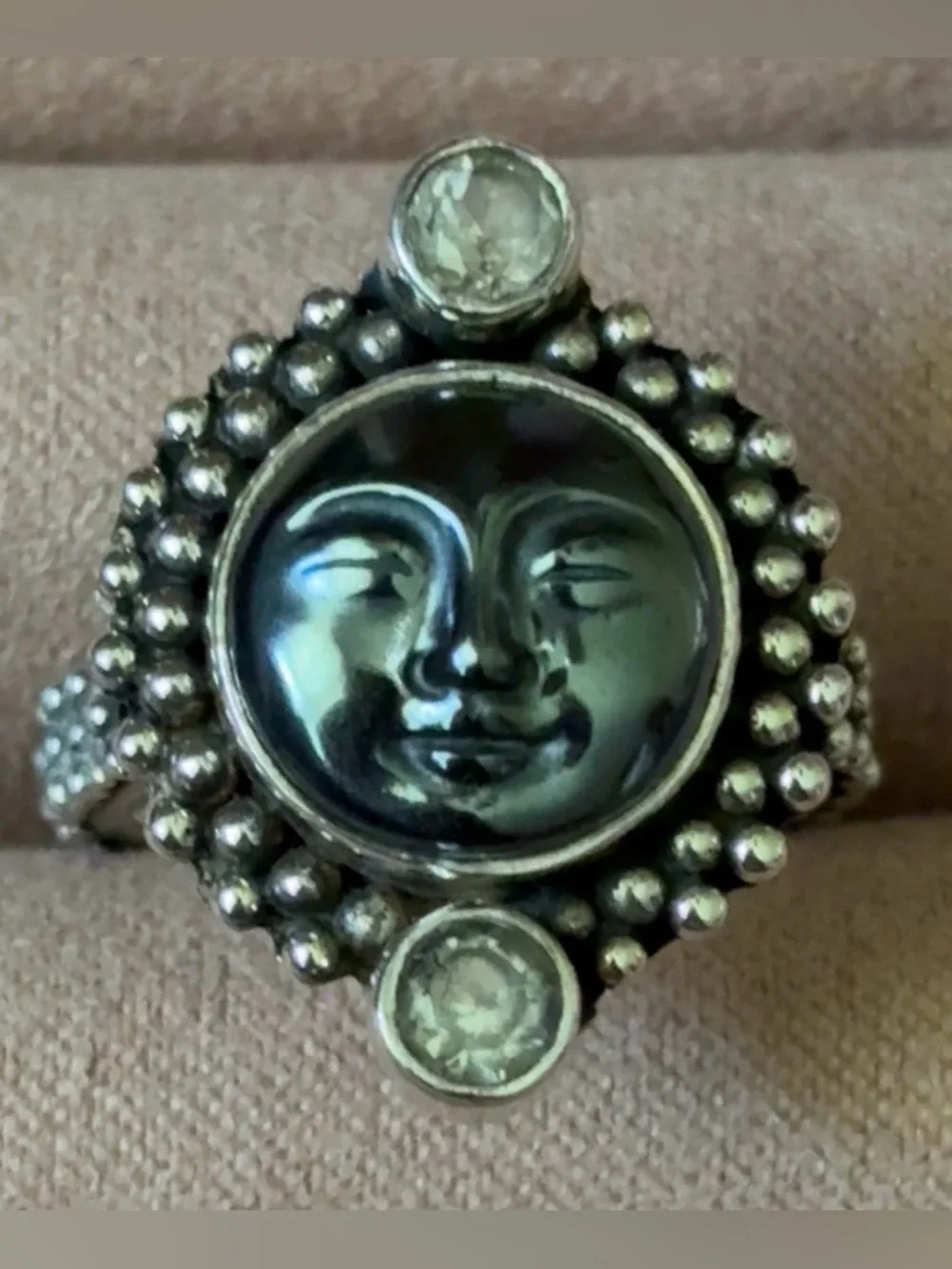 Vintage Signed Sajen Sterling Silver Hematite Moon Face Ring - Size 6